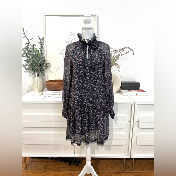 See By Chloe Navy Floral Rose Printed Chiffon Long Sleeve Dress - Picture 4 of 11